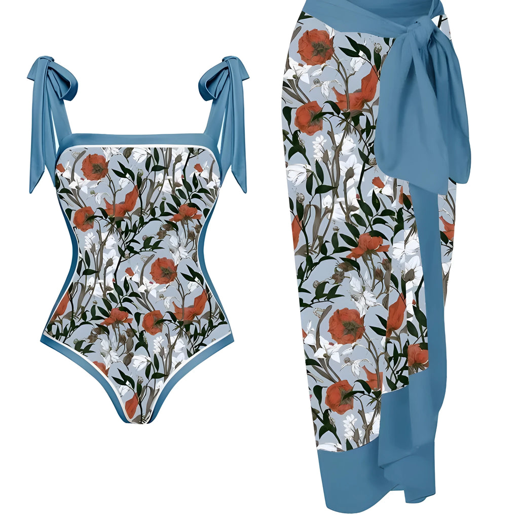 Women's floral printed chiffon two-piece swimsuit with attached skirt shown in one of 15 colour variations.