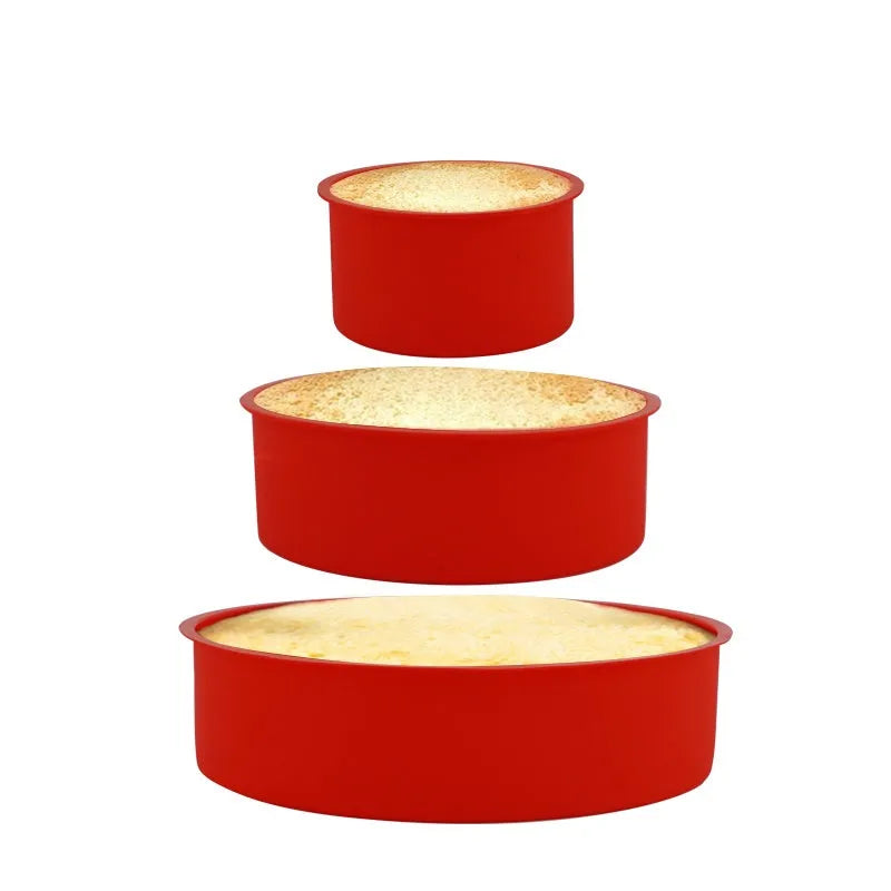 Red round silicone cake mold in 4 6 and 8 inch sizes for flexible non-stick baking