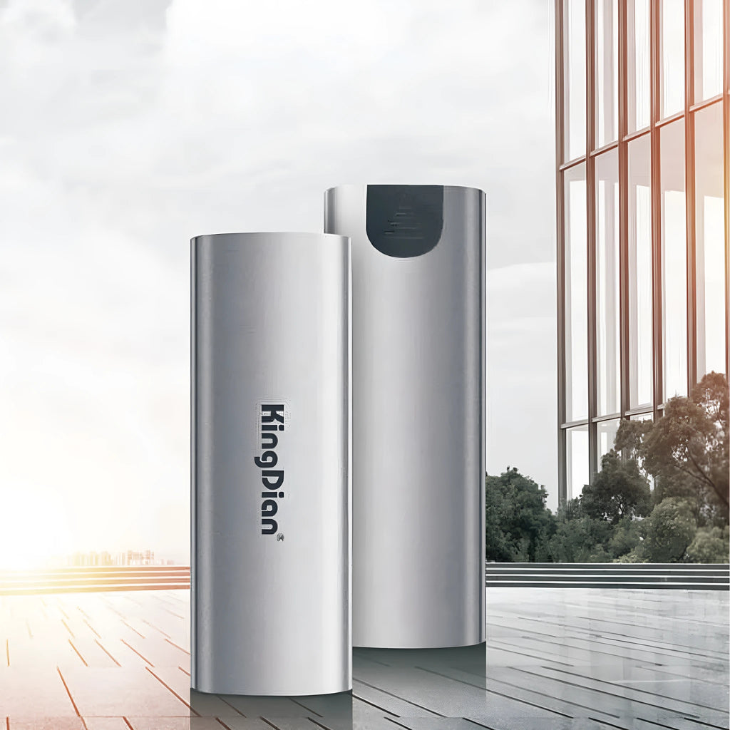 Grey aluminium mobile SSD with USB 3.0 interface showing capacity options from 120GB to 1TB
