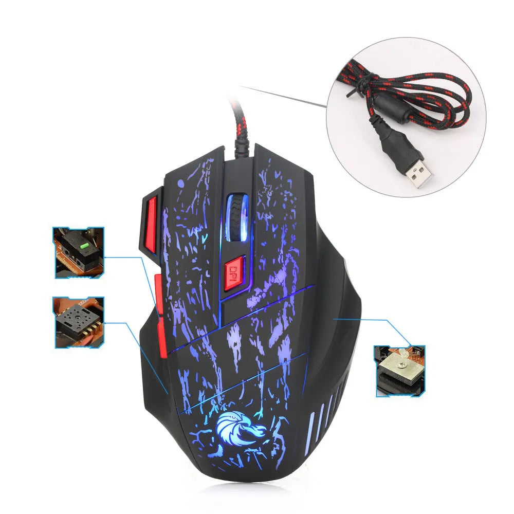 Colourful RGB gaming mouse with ergonomic design and USB cable for desktop gaming