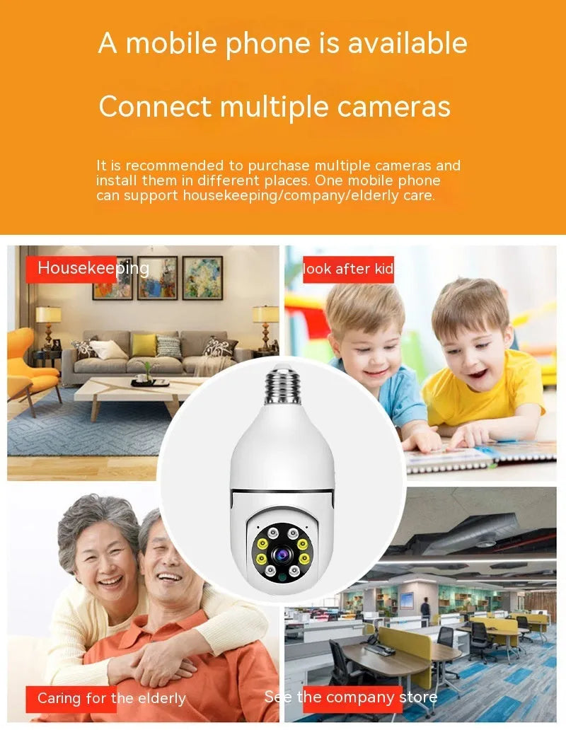 White wireless bulb security camera showing dimensions of 5cm by 12cm for indoor and outdoor use.