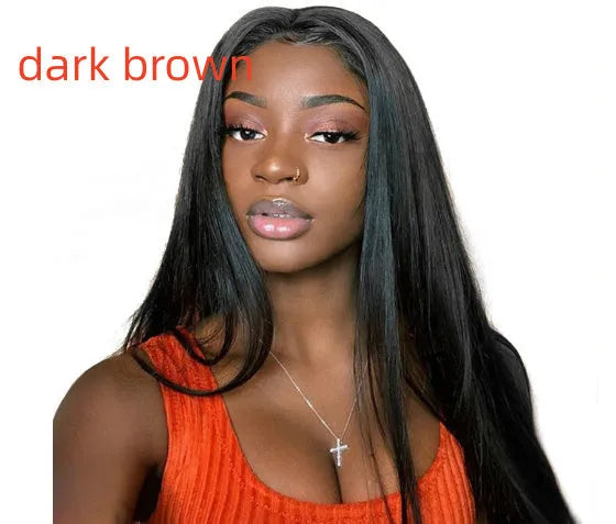 Long straight black synthetic wig with centre parting and fringe on a mannequin head.