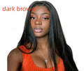 Long straight black synthetic wig with centre parting and fringe on a mannequin head.