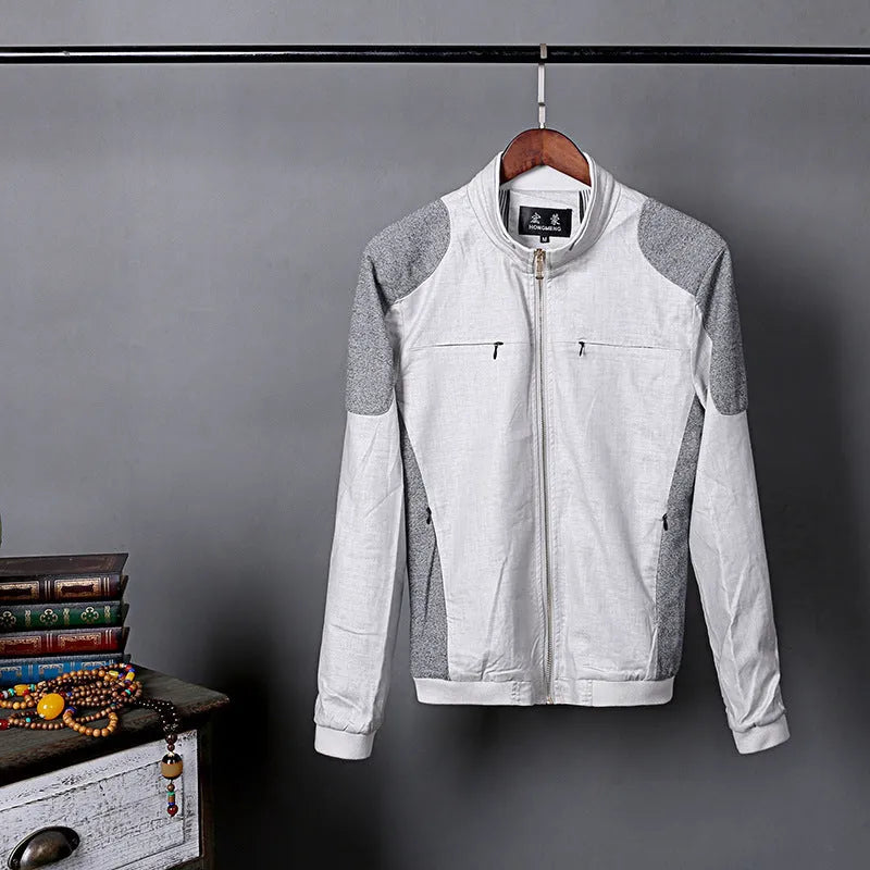 Men's lightweight cotton linen jacket in heather grey, shown on a hanger.