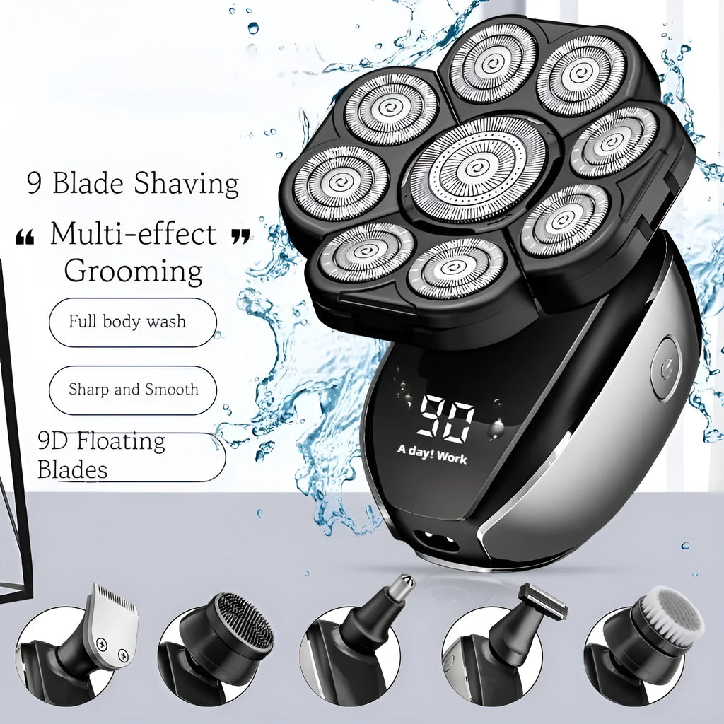 Black rechargeable 6-in-1 hair clipper and beard trimming kit with multiple attachments laid out.