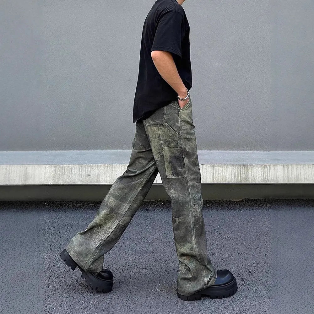 Men's digital camouflage straight leg jeans in cotton denim with retro pattern and mid waist fit