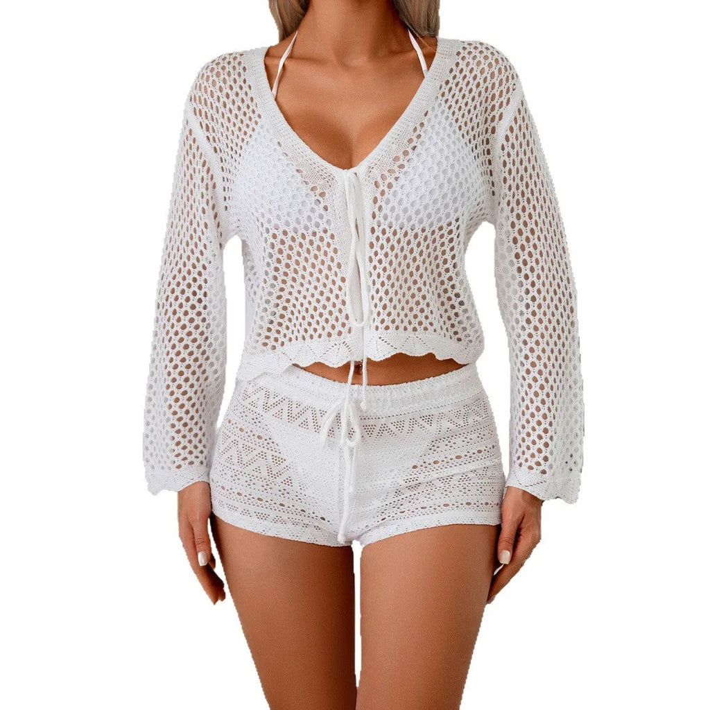 Women's hollow woven cardigan blouse with bell sleeves in apricot colour showing texture detail