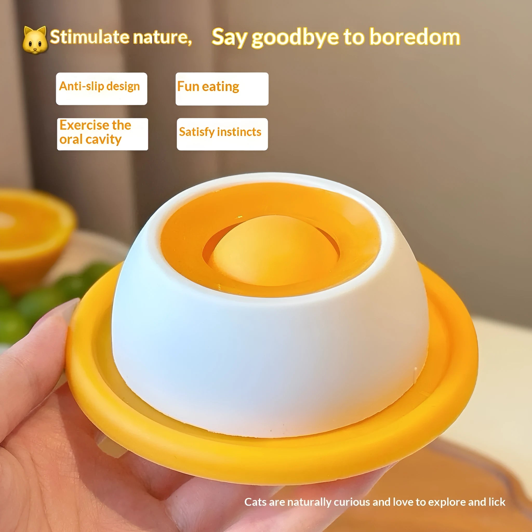 Yellow anti-spill slow feeder cat toy for indoor cats