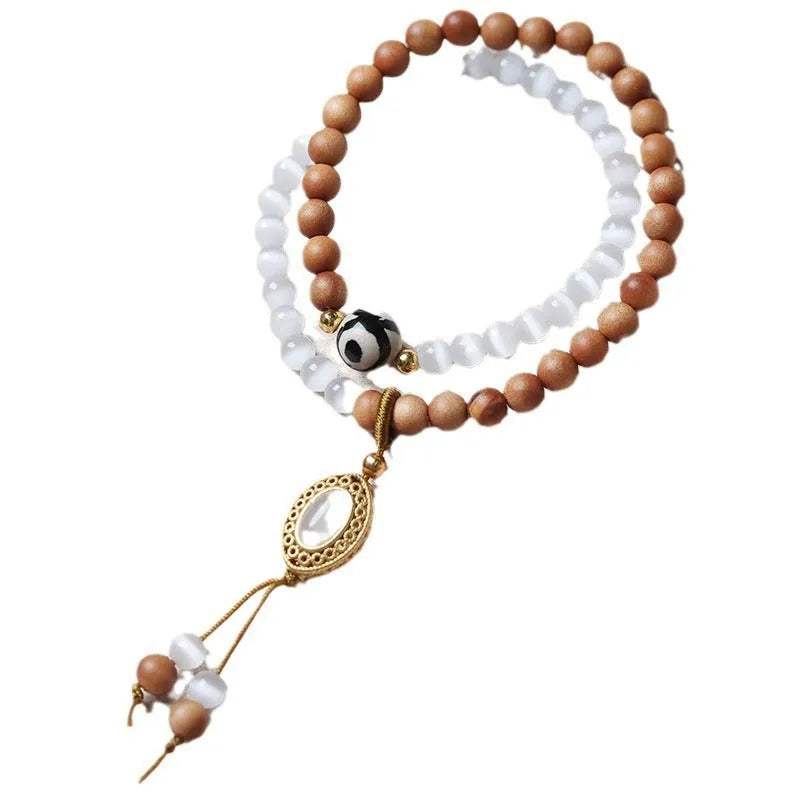 Sandalwood opal double ring bracelet with mixed materials and retro styling