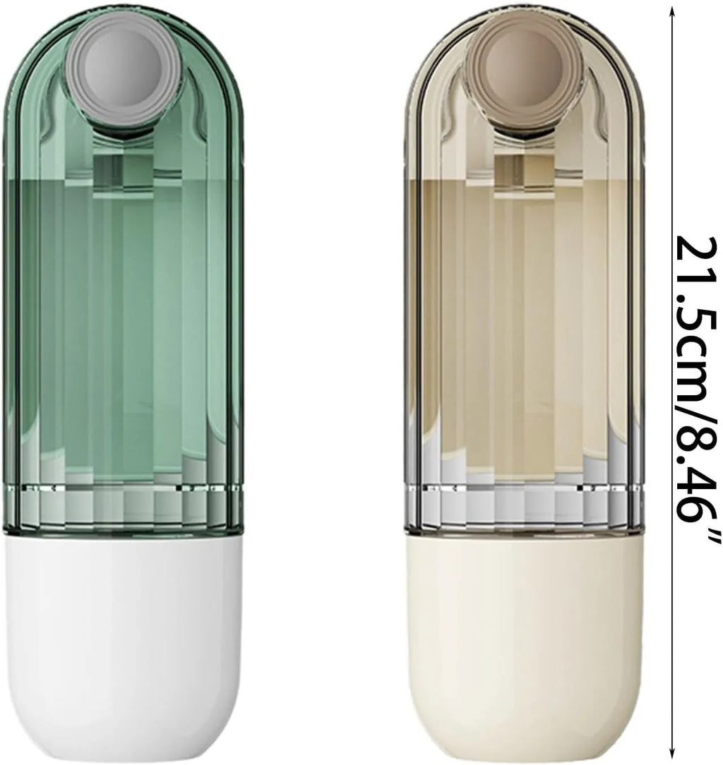 Green foldable dog water bottle with leak-proof lid and food container, shown extended for use.