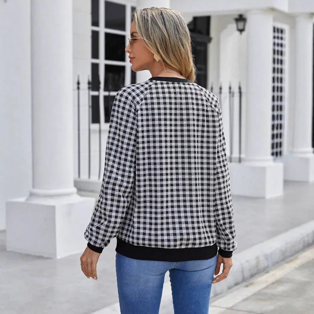 Black Japanese plaid pattern pullover sweater with printed design and long sleeves
