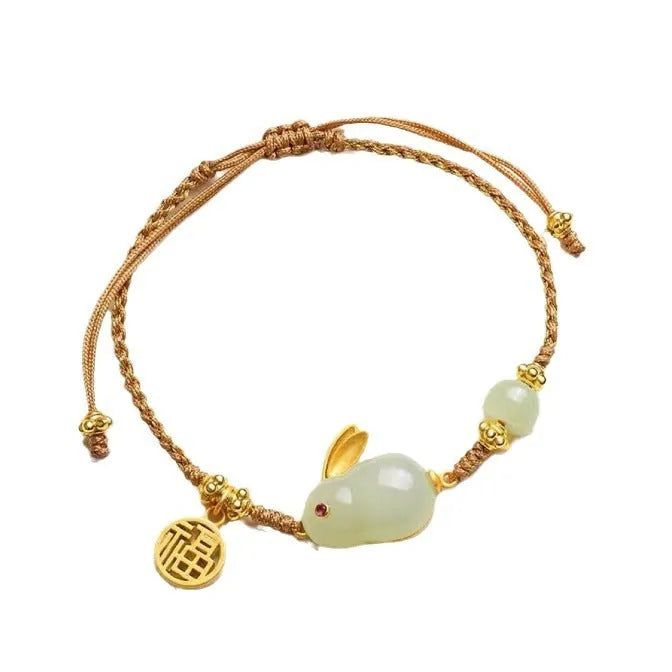 Hetian jade rabbit charm bracelet with yellow string for women