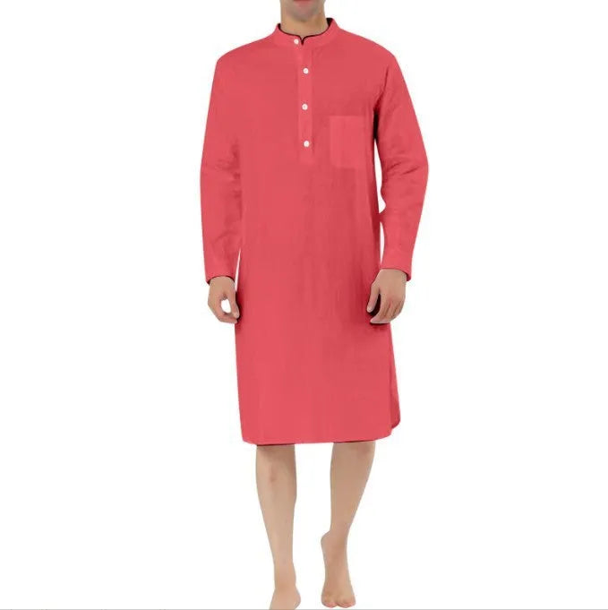 Men's cotton shirt robe with front pocket in various colour options on a hanger.