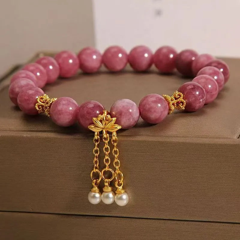 Pink lotus tassel natural stone beaded bracelet for women, New Chinese style.