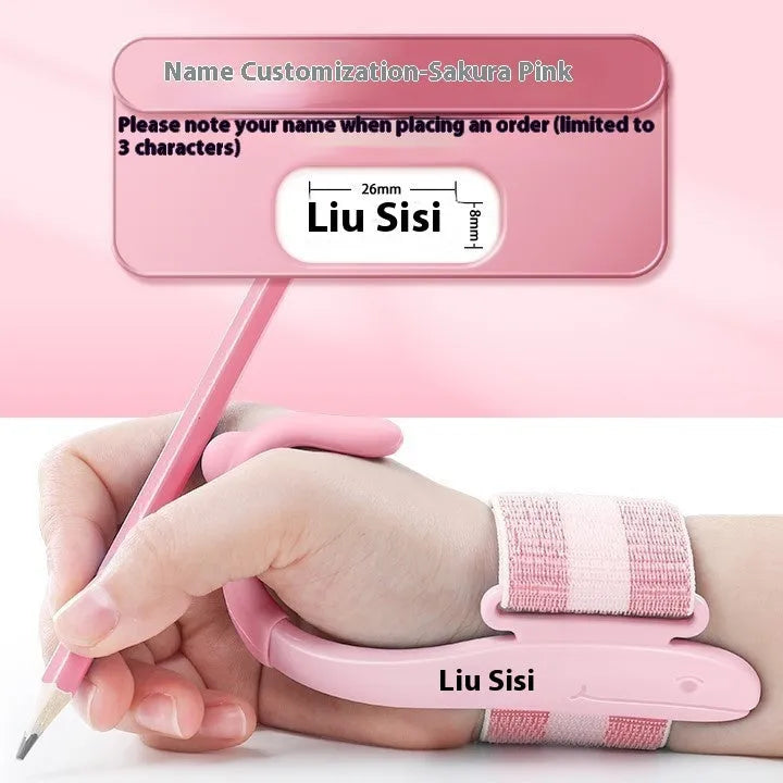 Blue anti-hook wrist brace pen corrector for children's handwriting posture on a desk.