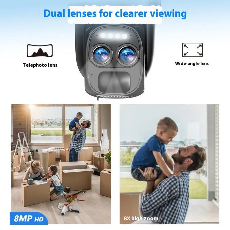Solar-powered outdoor security camera with 8x zoom lens and dual 4G/WiFi connectivity