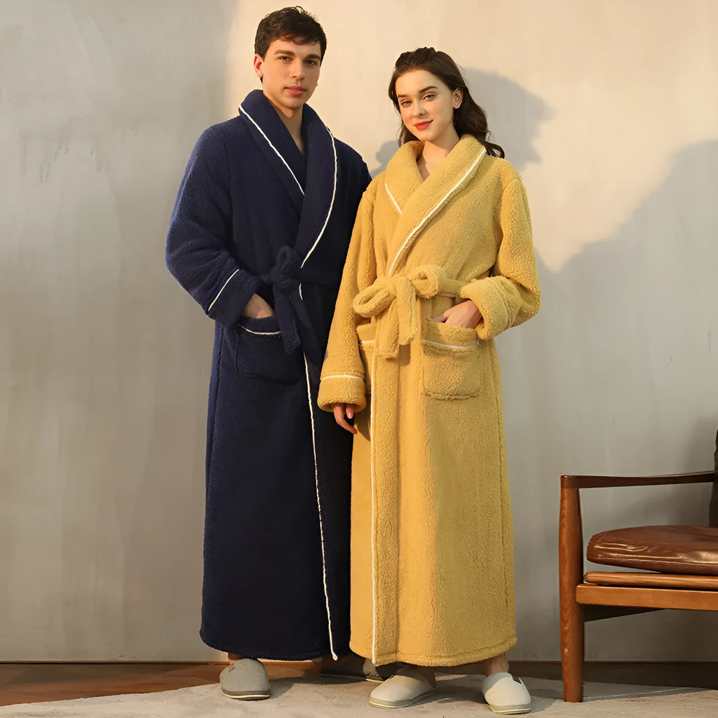 Super thick plus size flannel bathrobe in Angola red, shown on a hanger.