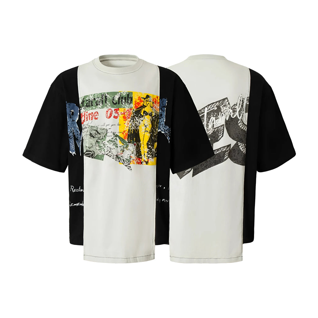 Black and white T-shirt with broken collar deconstruction printed design