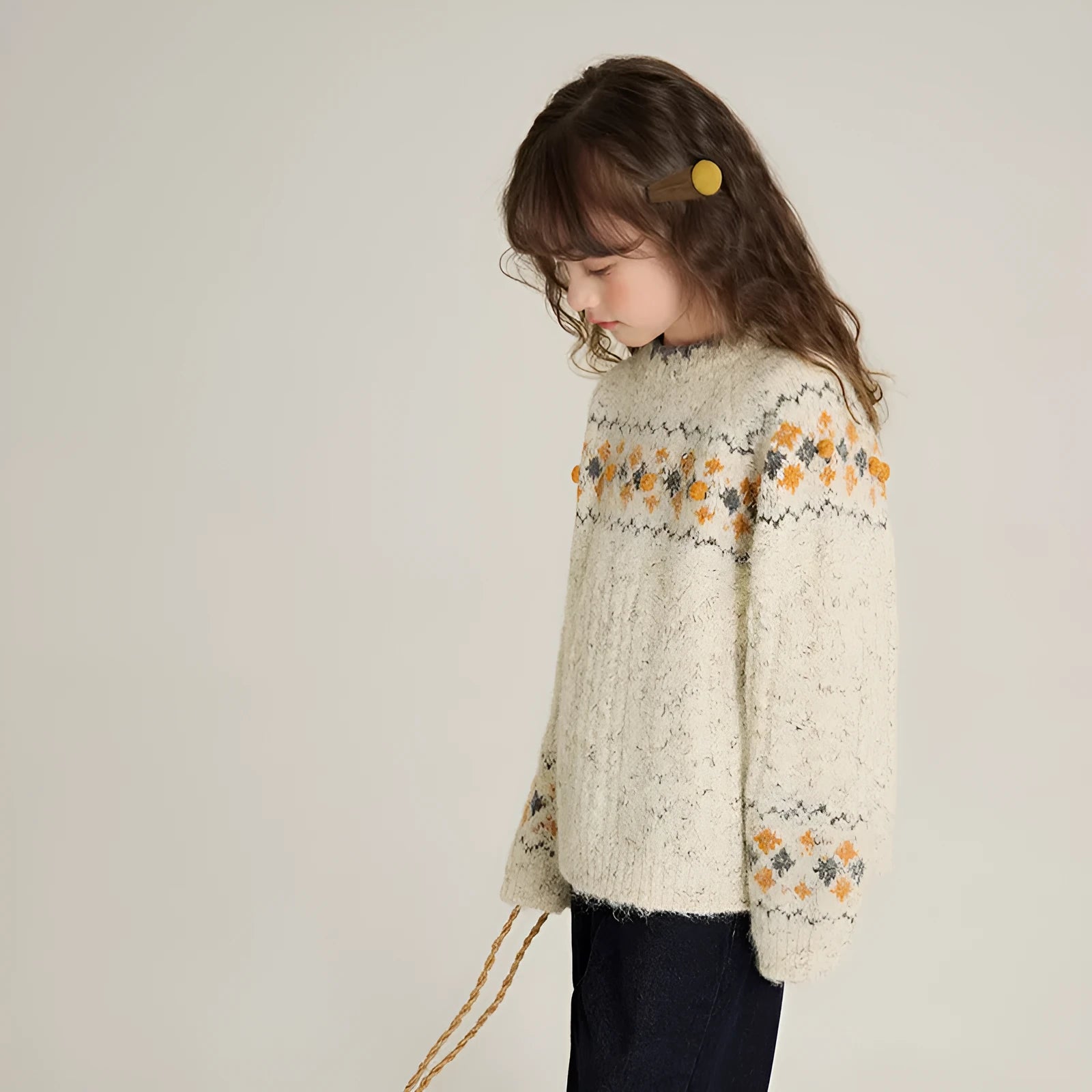 Thickened knitting top pullover in greige for children, retro idle style, 90-160cm height