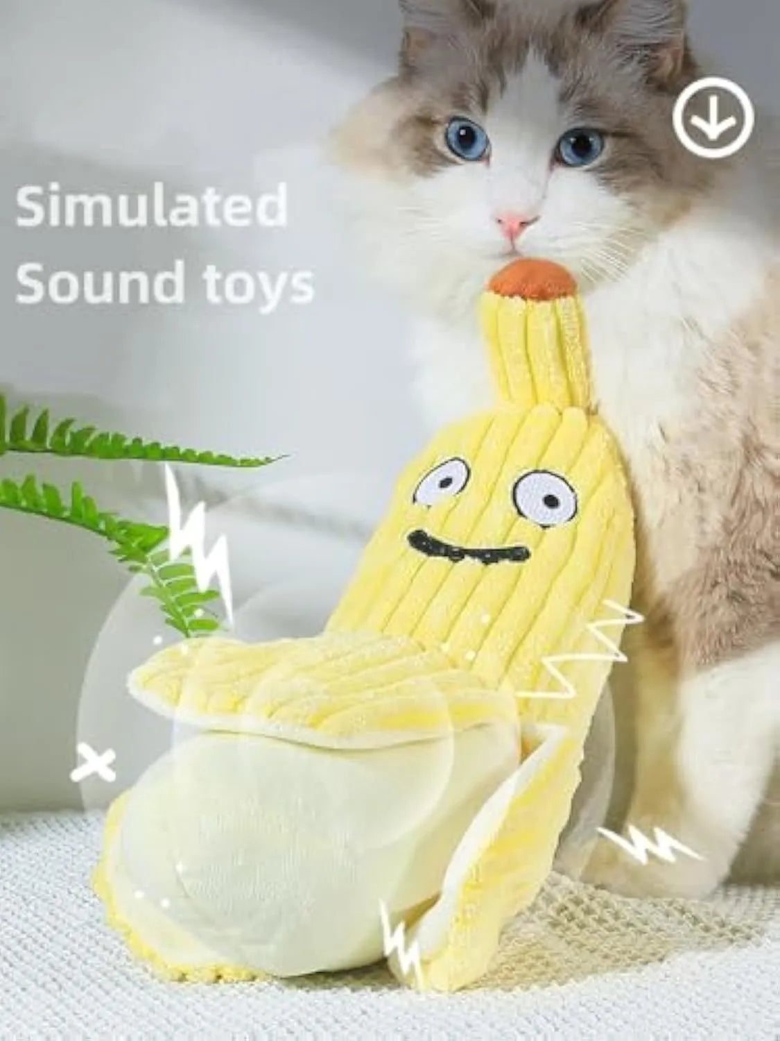 Yellow banana-shaped cat toy with soft plush fabric and crinkle paper inside