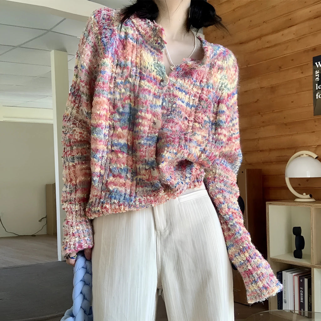 Gentle Idle Style Knitted Rainbow Sweater cardigan in pink or green colour with toothbrush hair fabric