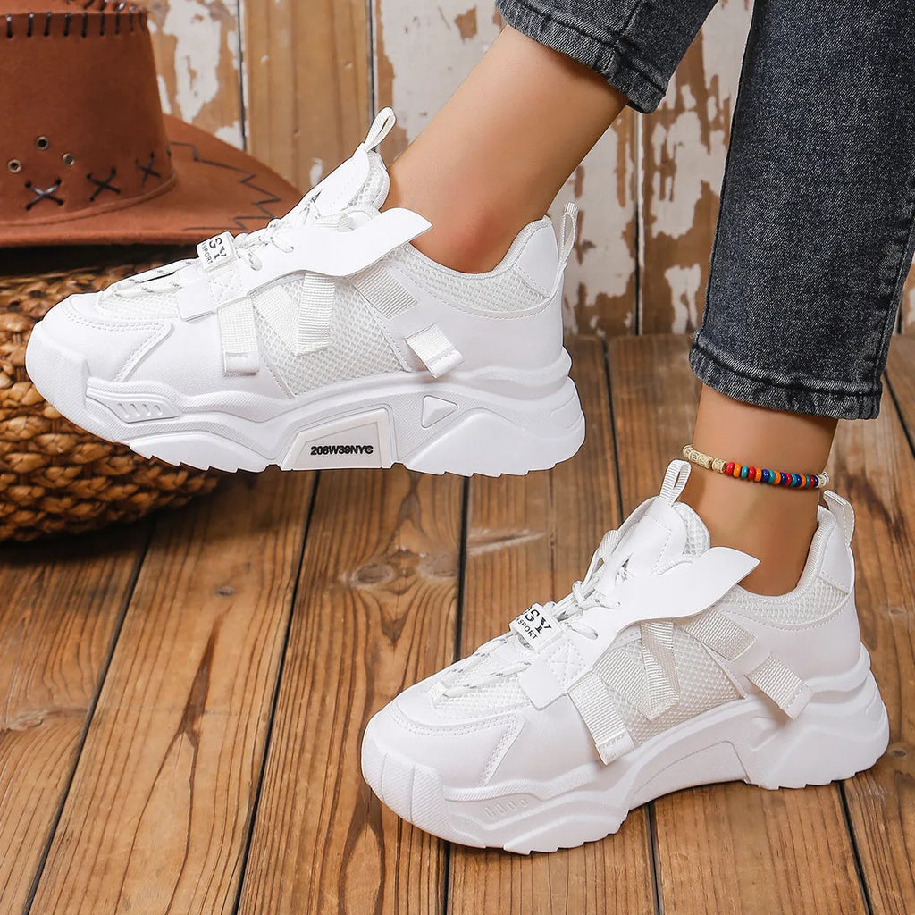 Women's platform mesh sneakers in purple, green, white, pink, and yellow colours with lace-up front.