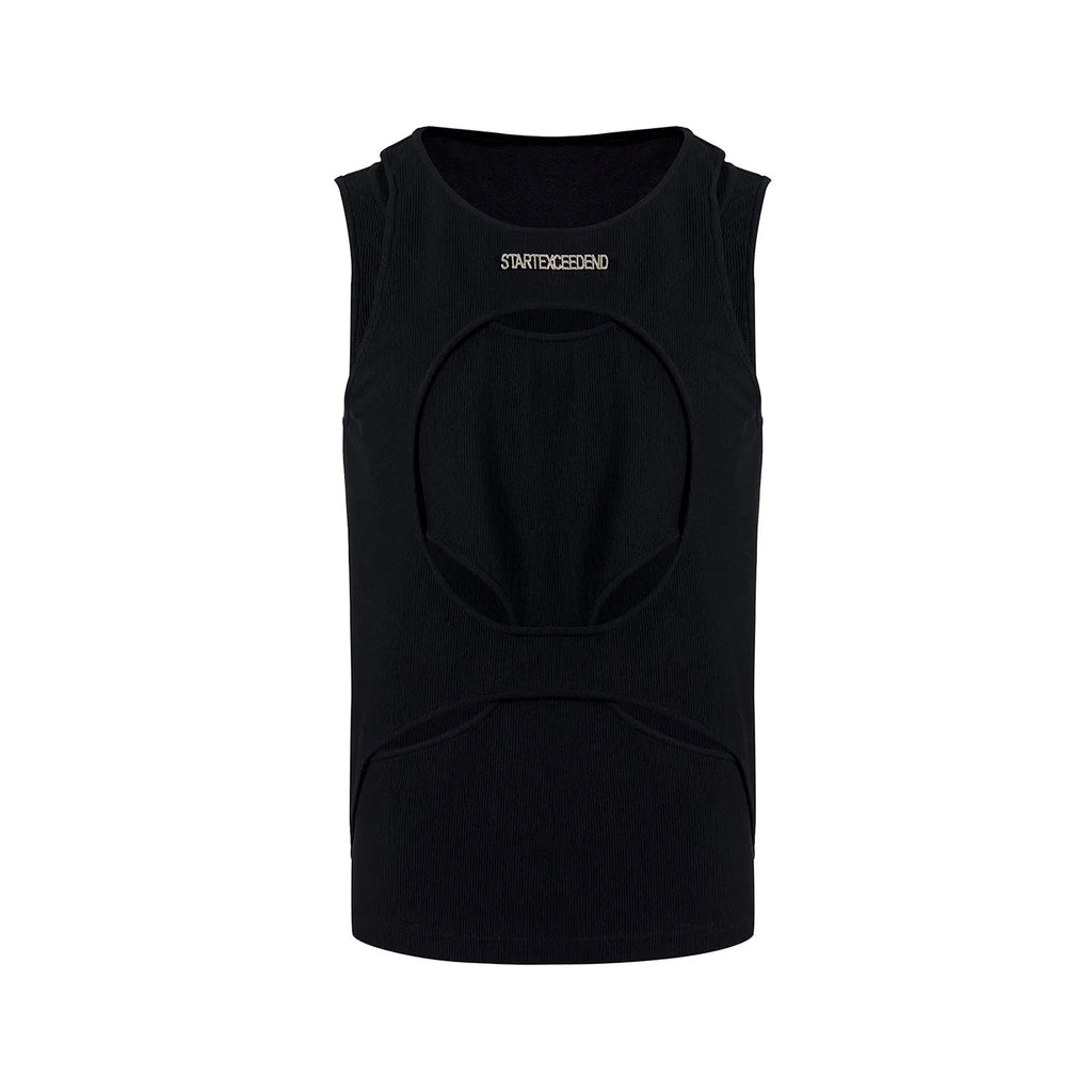 Men's black sleeveless waistcoat with hollow thread design and round neck collar
