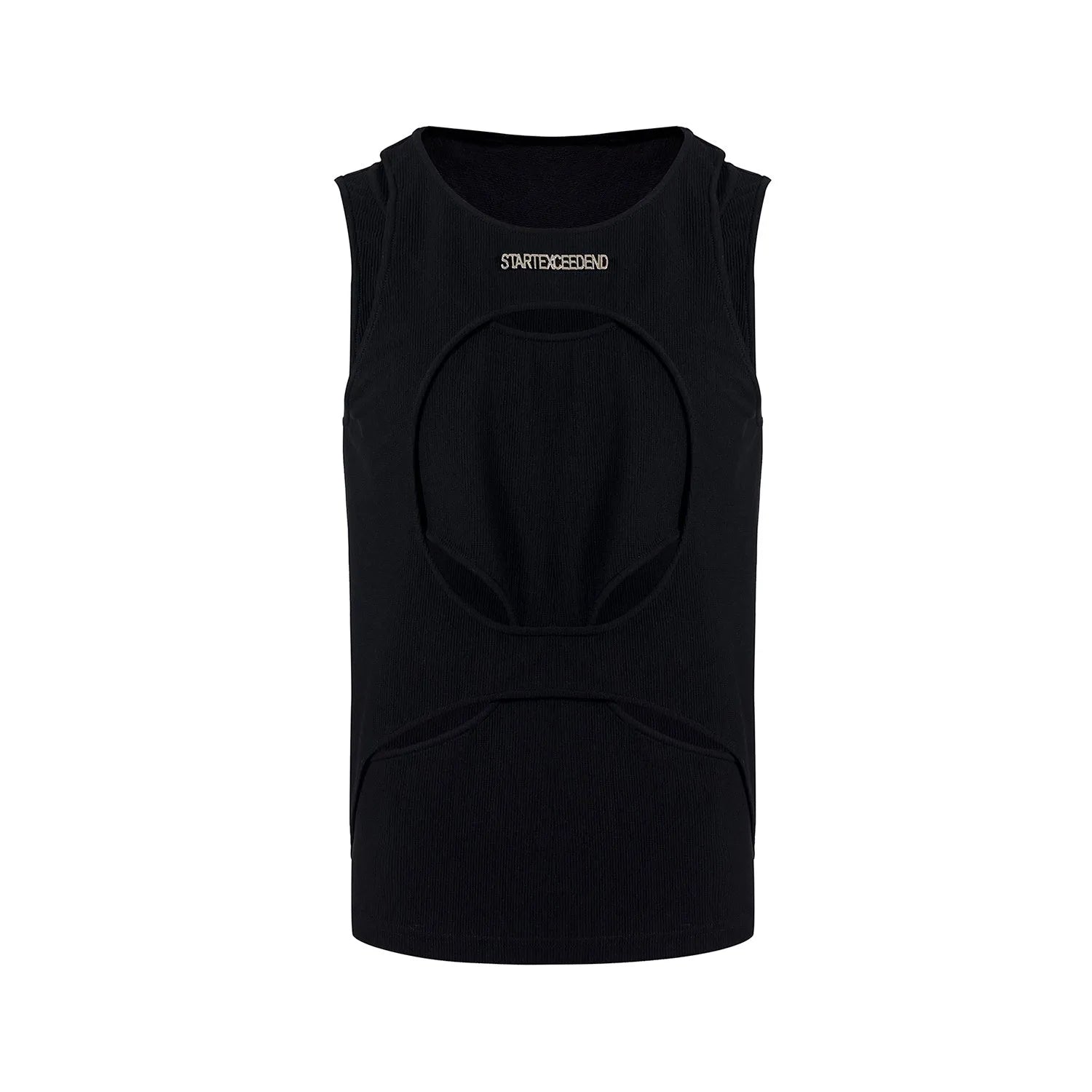 Men's black sleeveless waistcoat with hollow thread design and round neck collar
