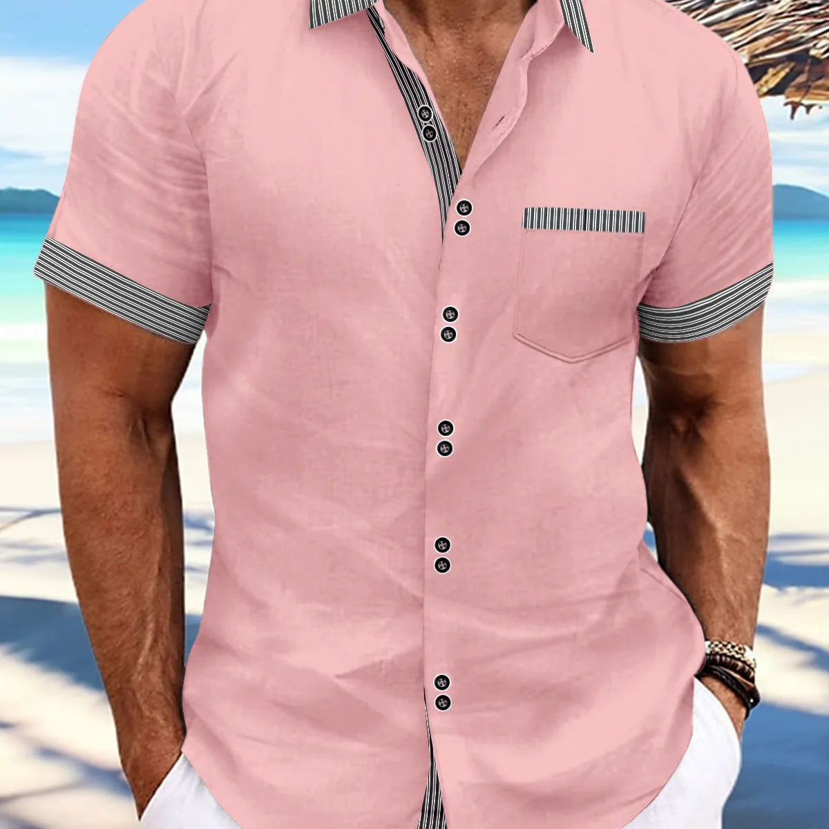 Man wearing striped short sleeve casual shirt in pure cotton with slim fit