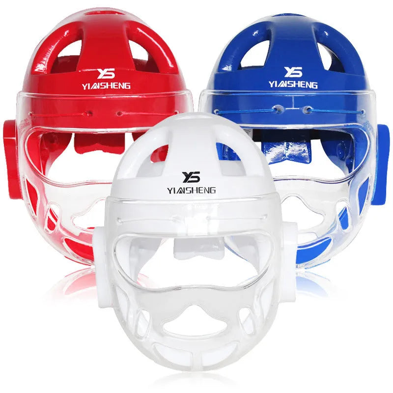 Karate helmet protective equipment in blue colour with adjustable straps and protective padding