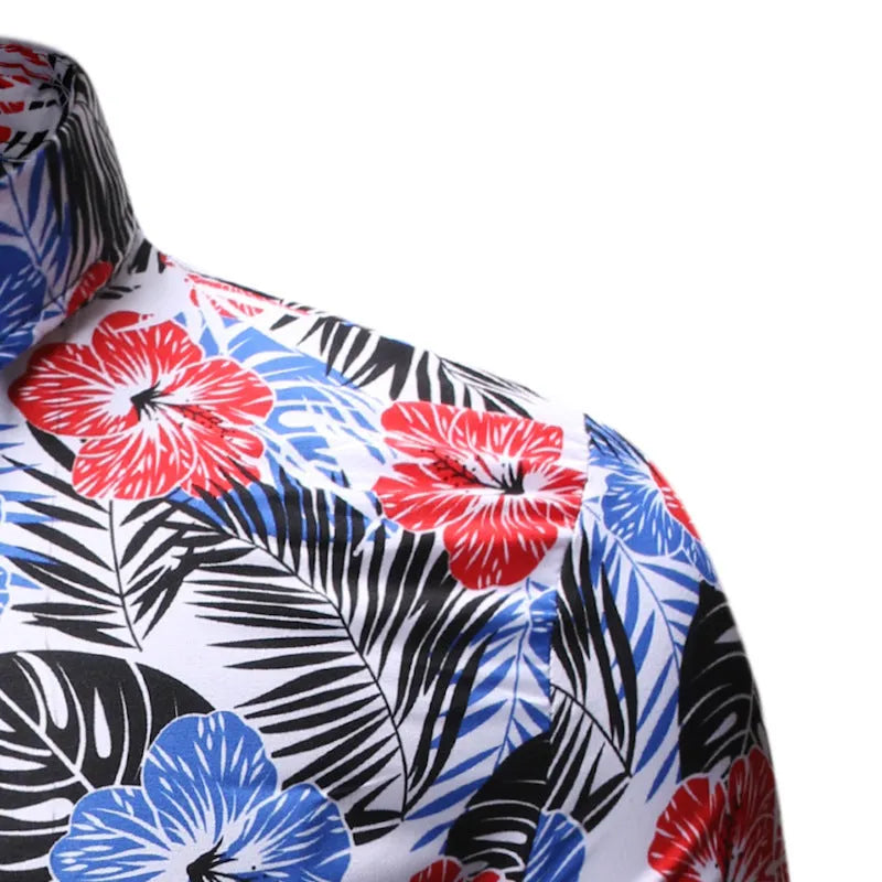 Men's summer floral shirt with square collar short sleeves in blue polyester on white background