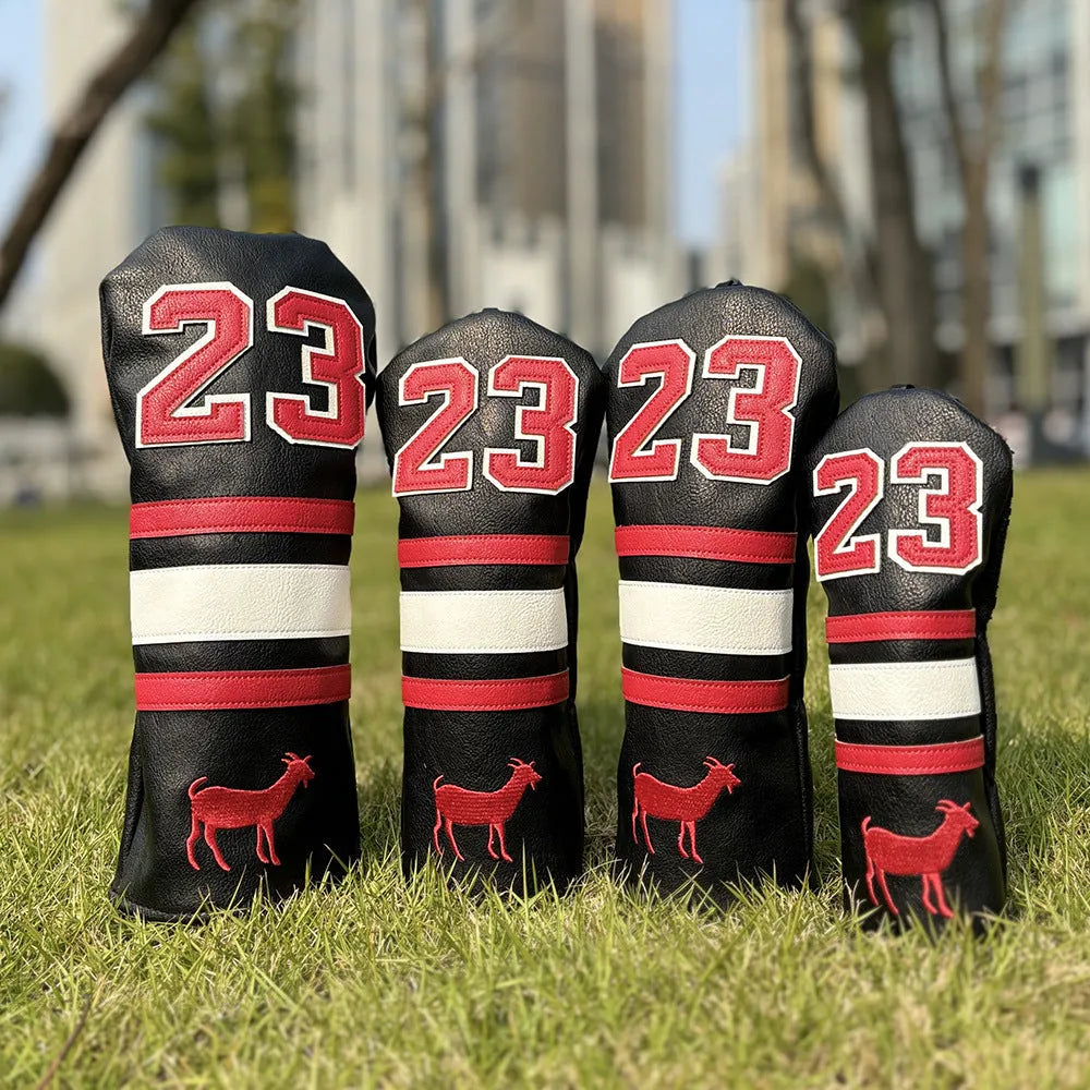 Ram golf club sleeve set showing four PU protectors for wooden pole clubs including chicken drumstick fairway design and square putter cover