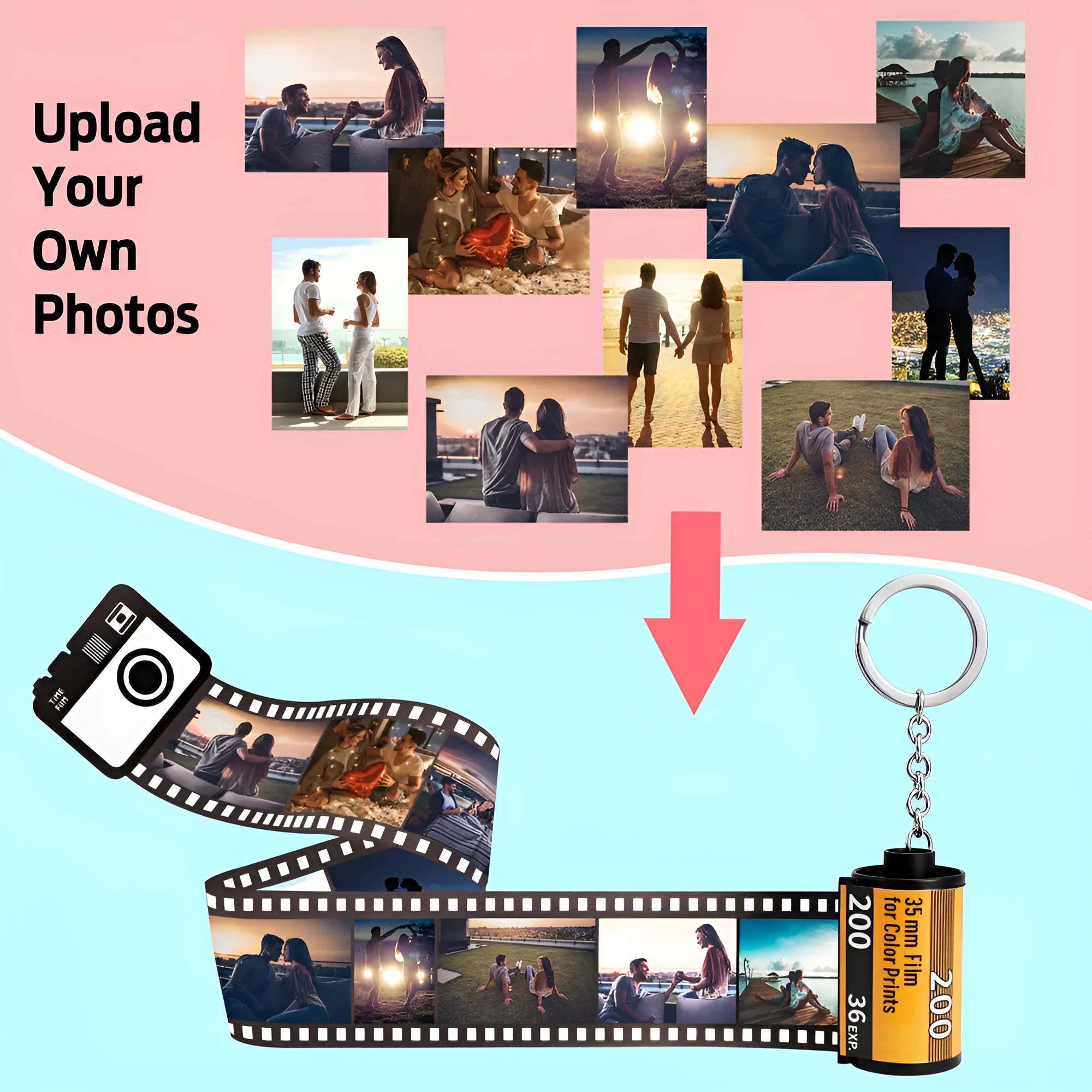 Custom film keychain with ten photographs on a film strip and a rewinder accessory
