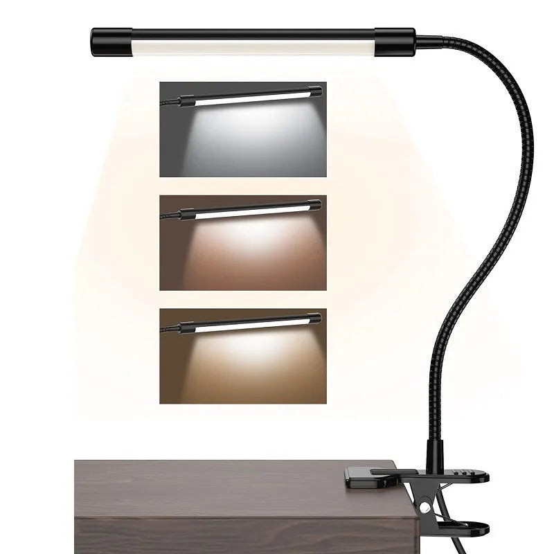 Black and white LED desk lamp with USB cable and 26cm long light bar on a desk.