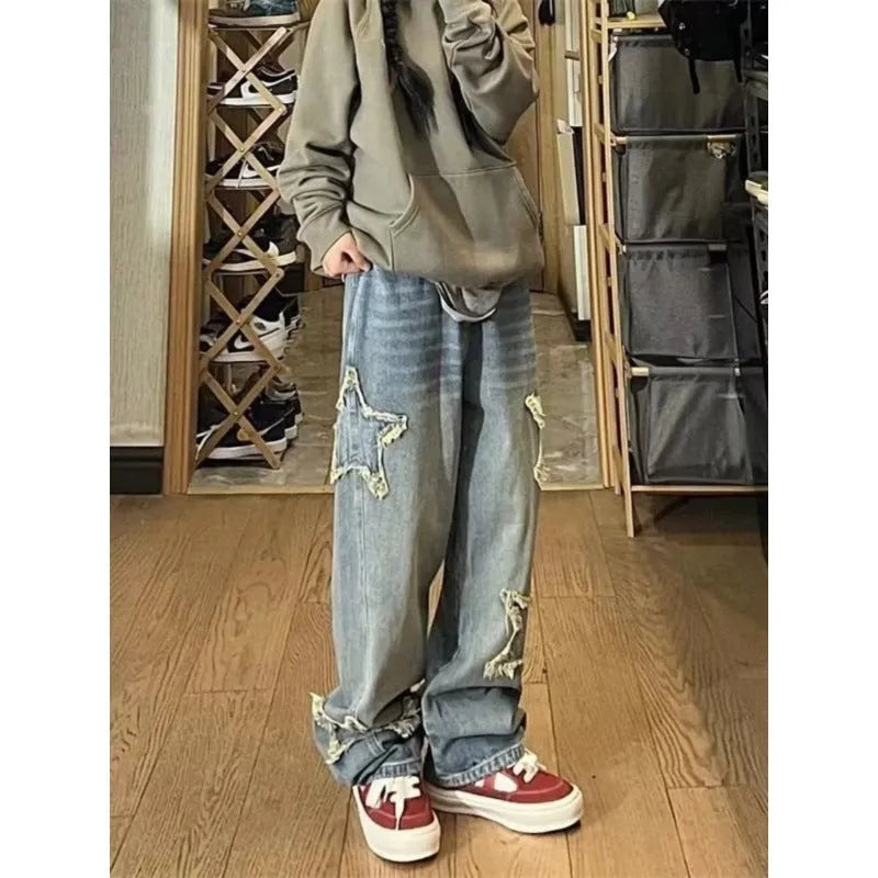 Blue cotton denim wide-leg pants with high waist and straight cut design
