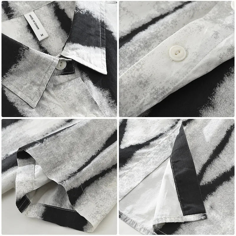 Retro striped pure cotton short sleeve shirt in loose cardigan style, shown in black and brown.