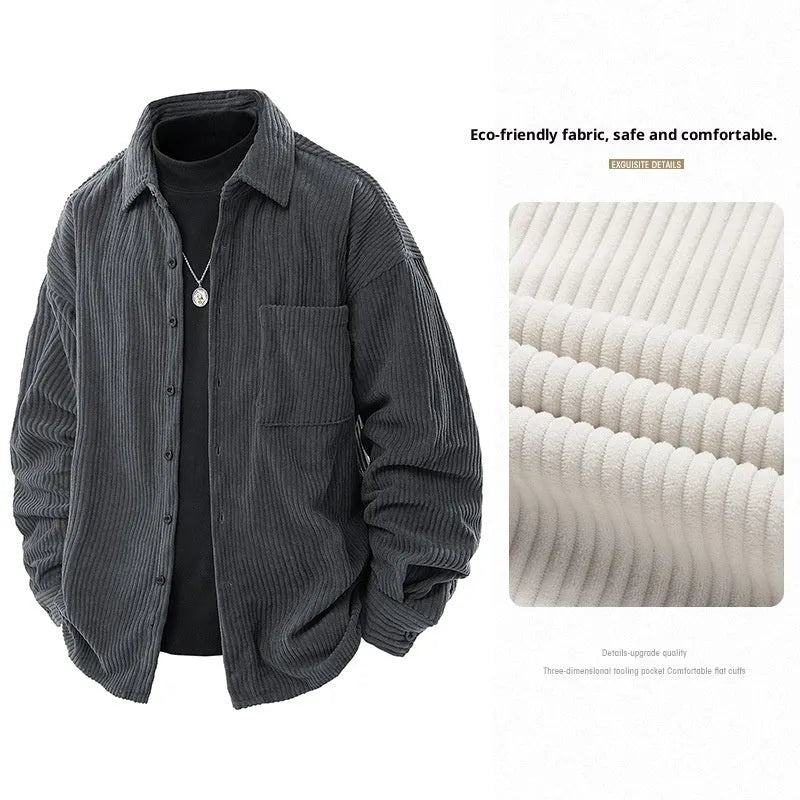 Men's corduroy shirt collar fake two-piece coat in black, front view, long sleeves, straight hem, button front