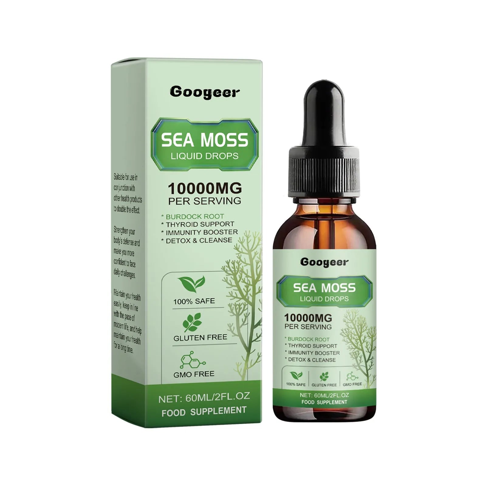 60ml bottle of Googeer Sea Moss Liquid Drops body treatment measuring 3.3x3.3x12cm