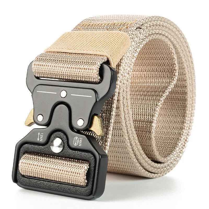 Men's thick canvas tactical belt with an alloy buckle shown in multiple colour options: black, khaki, green, blue, and brown.