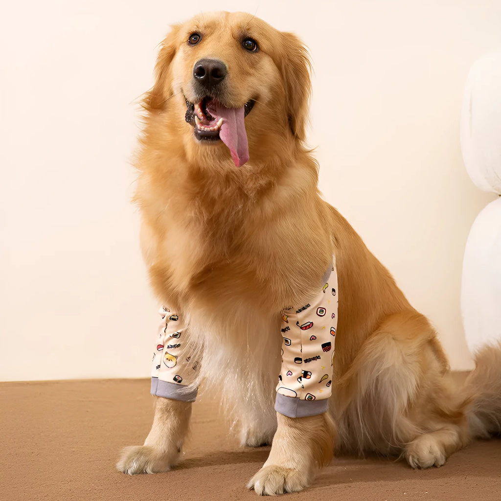 Blue dog knee protector pad with extra-thick elbow padding and adjustable buckle, shown with matching scarf accessory