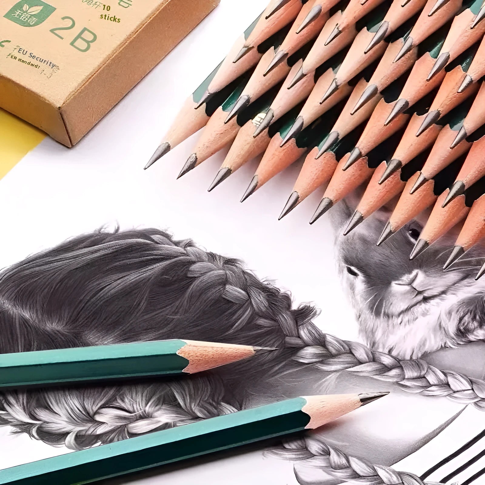 Box of ten green hexagonal wooden pencils with HB and 2B graphite grades for drawing and writing.