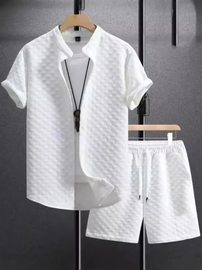 Black and white jacquard short sleeve suit set with shirt and shorts in solid color