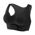 Women's black sports bra with front buckle closure and back shaping, shown on a size mannequin.