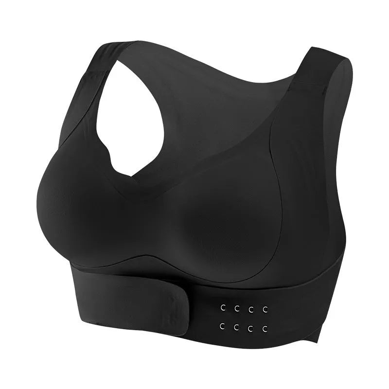 Women's black sports bra with front buckle closure and back shaping, shown on a size mannequin.