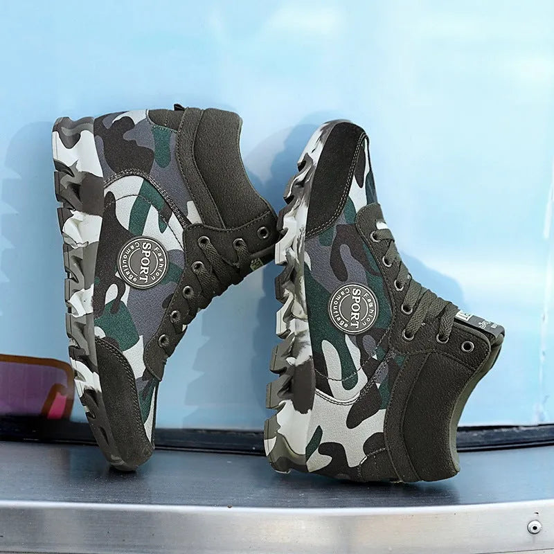 Green camouflage pattern women's canvas sneakers with a white rubber sole.