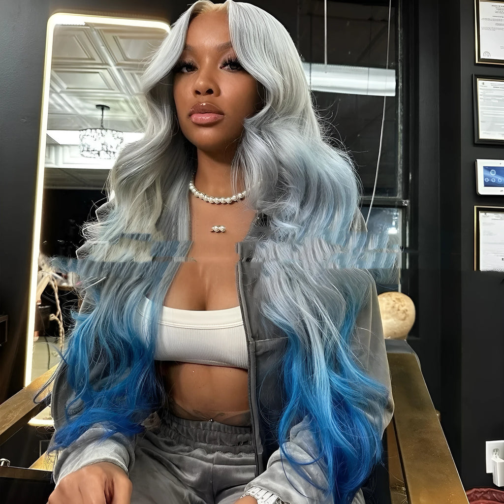 Grey blue gradient human hair lace front wig with 150% density on a model.