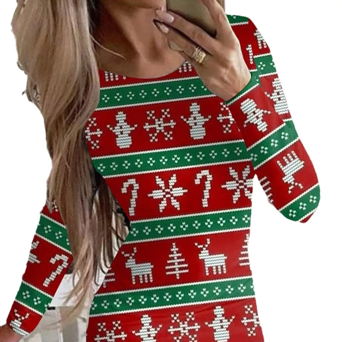 Red Christmas dress with animal print pattern, round neck, long sleeves, and a short tight-fitting hip skirt.