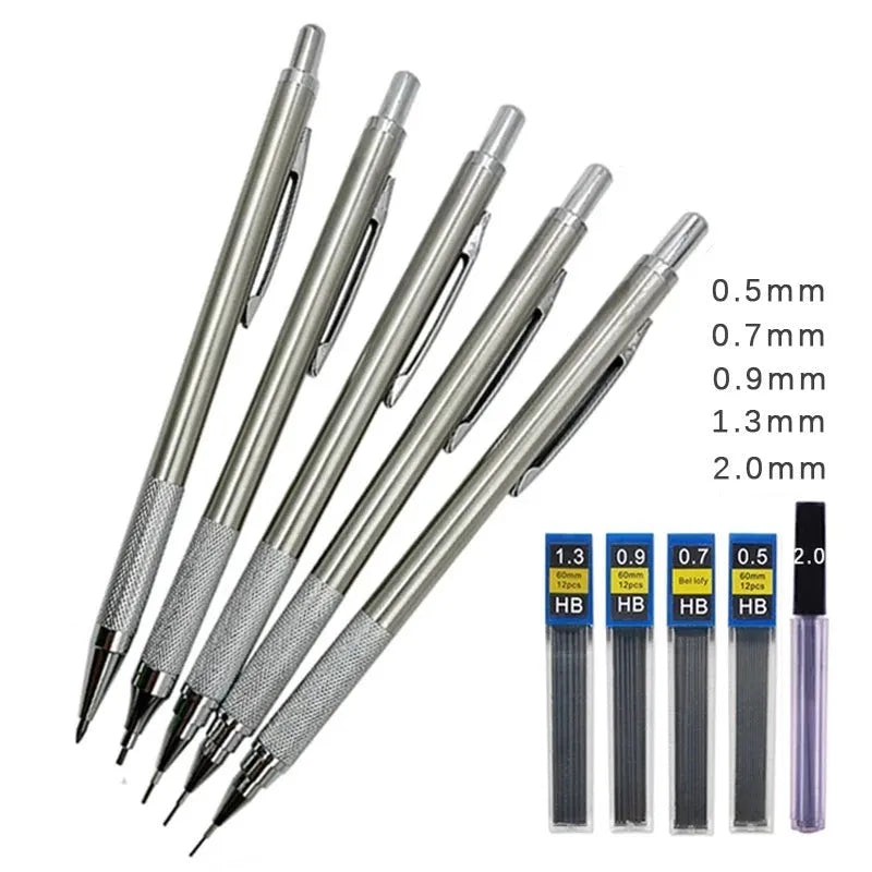 A metal automatic mechanical pencil with multiple lead size options including 0.5mm, 0.7mm, 0.9mm, 1.3mm, and 2.0mm.