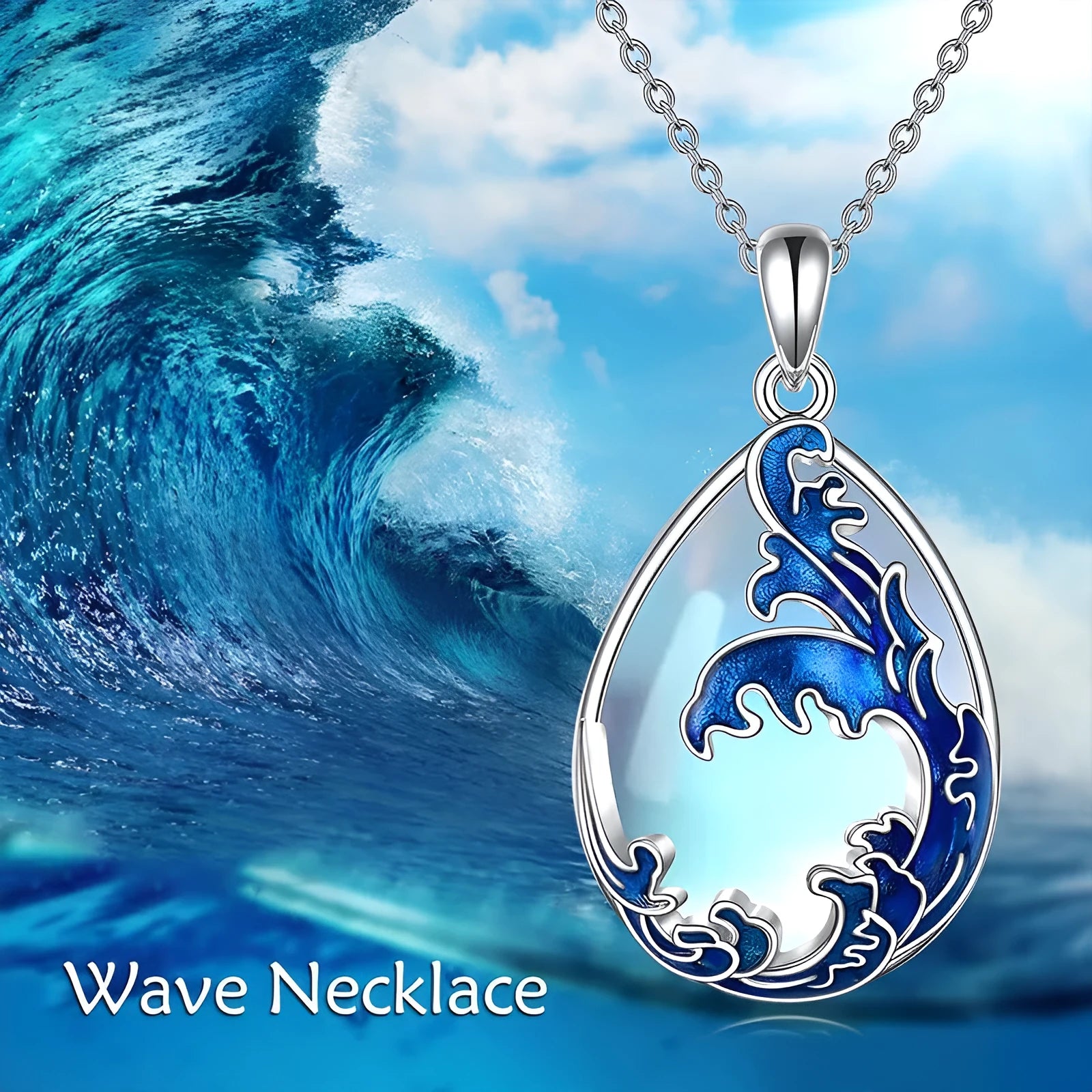 Moonstone blue alloy heart pendant necklace with chain on white background
