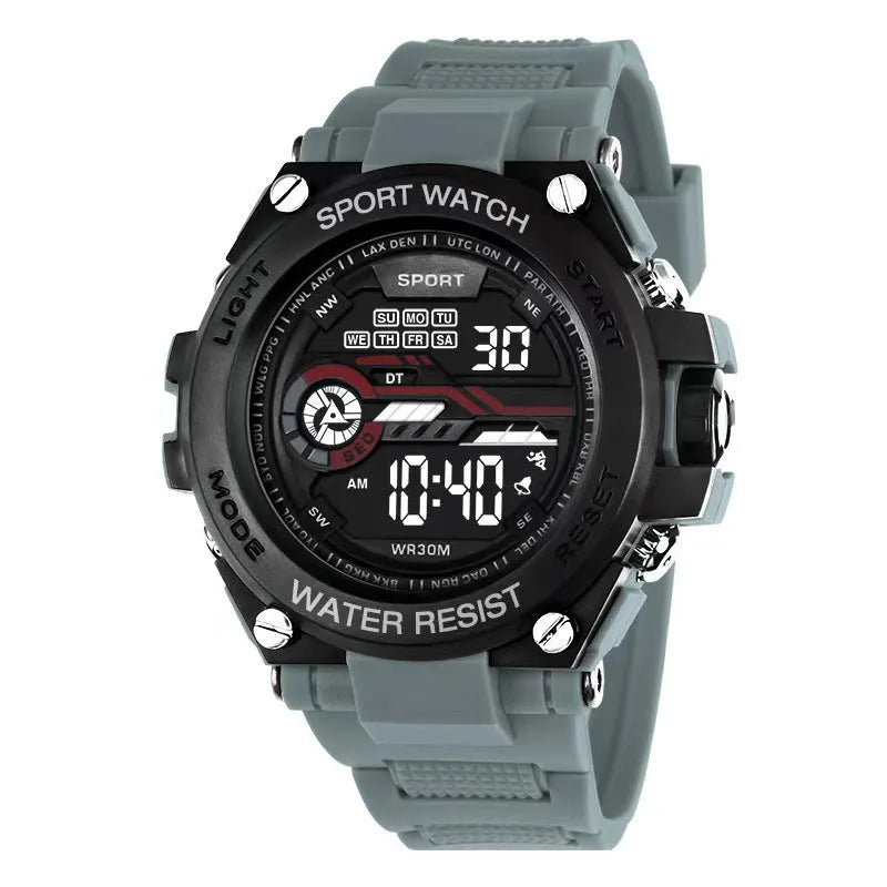 Digital electronic wristwatch with rectangular LCD screen showing time and date, available in multiple colours